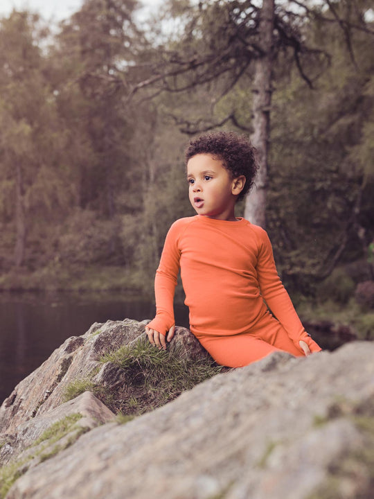 Merino wool kids thermal baselayer pyjama set top in orange #colour_fox