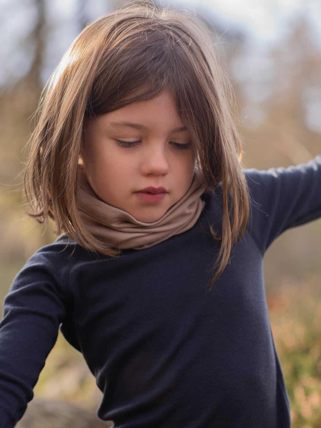 Merino snood neck gaiter beige kids closeup #colour_pebble