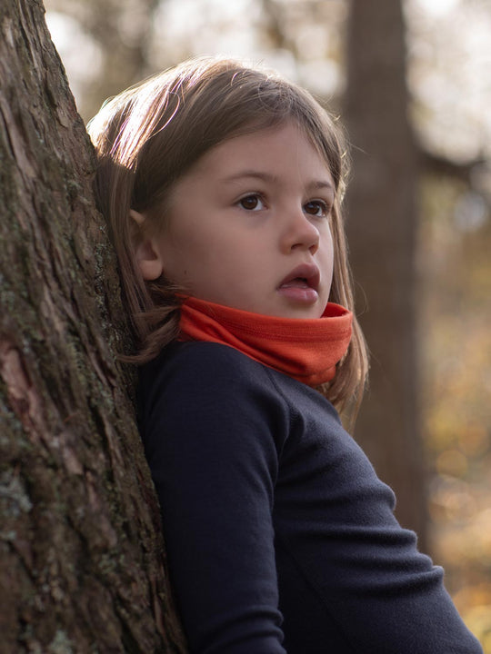 Merino snood neck gaiter orange kids side #colour_fox