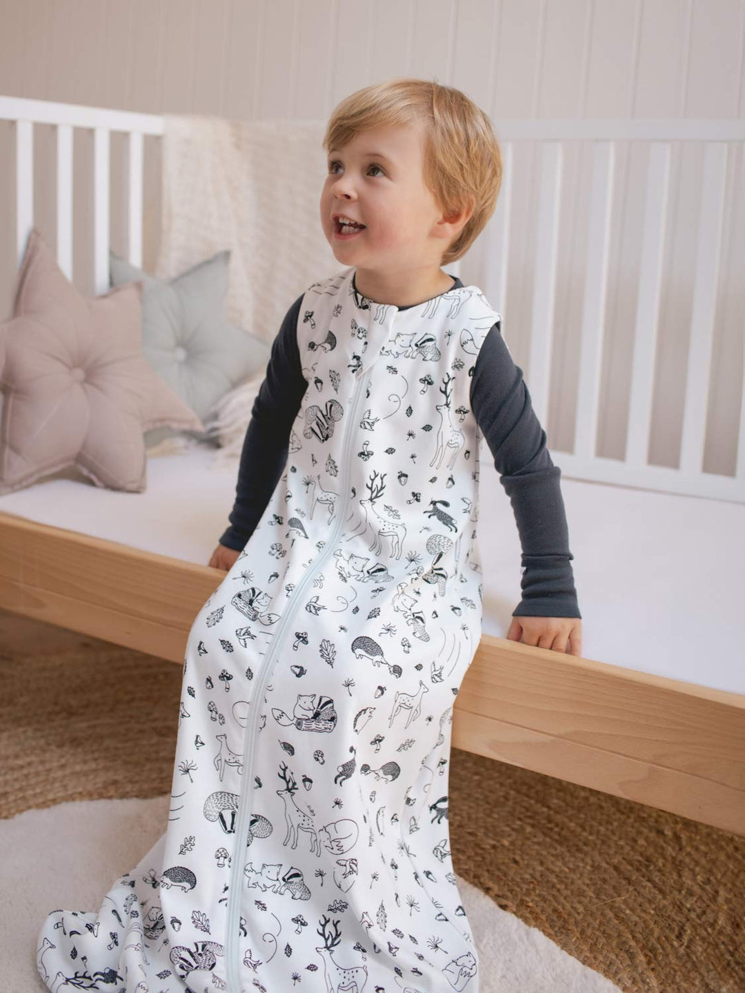 Merino toddler sleeping bag Superlove Merino woodland animal zip #colour_enchanted-forest