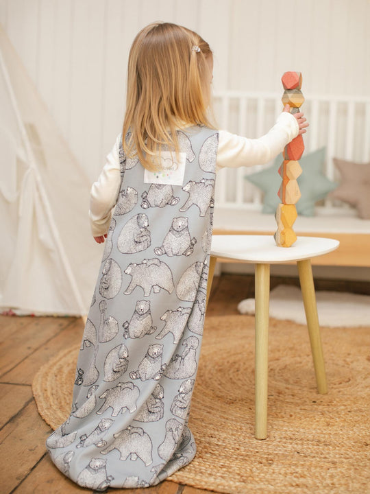 Merino toddler sleeping bag with feet grey bears back  #colour_bearhugs-cloud-grey