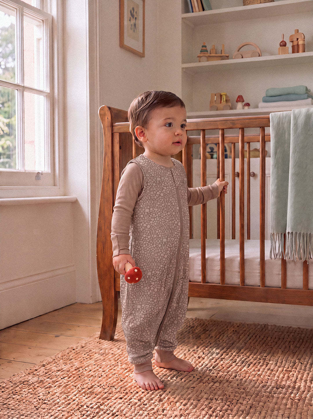 Merino toddler sleeping bag with feet tree forest print front #colour_sylvan-fawn