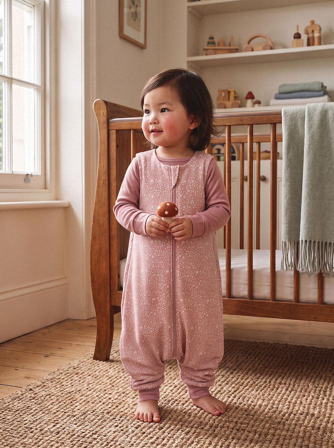 Merino toddler sleeping bag with feet pink tree forest print #colour_sylvan-rose