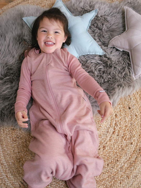 superlove toddler merino sleeping bag with feet pink zip #colour_vintage-rose-melange