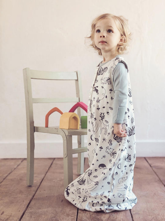 Merino toddler sleeping bag with feet animals side view #colour_enchanted-forest