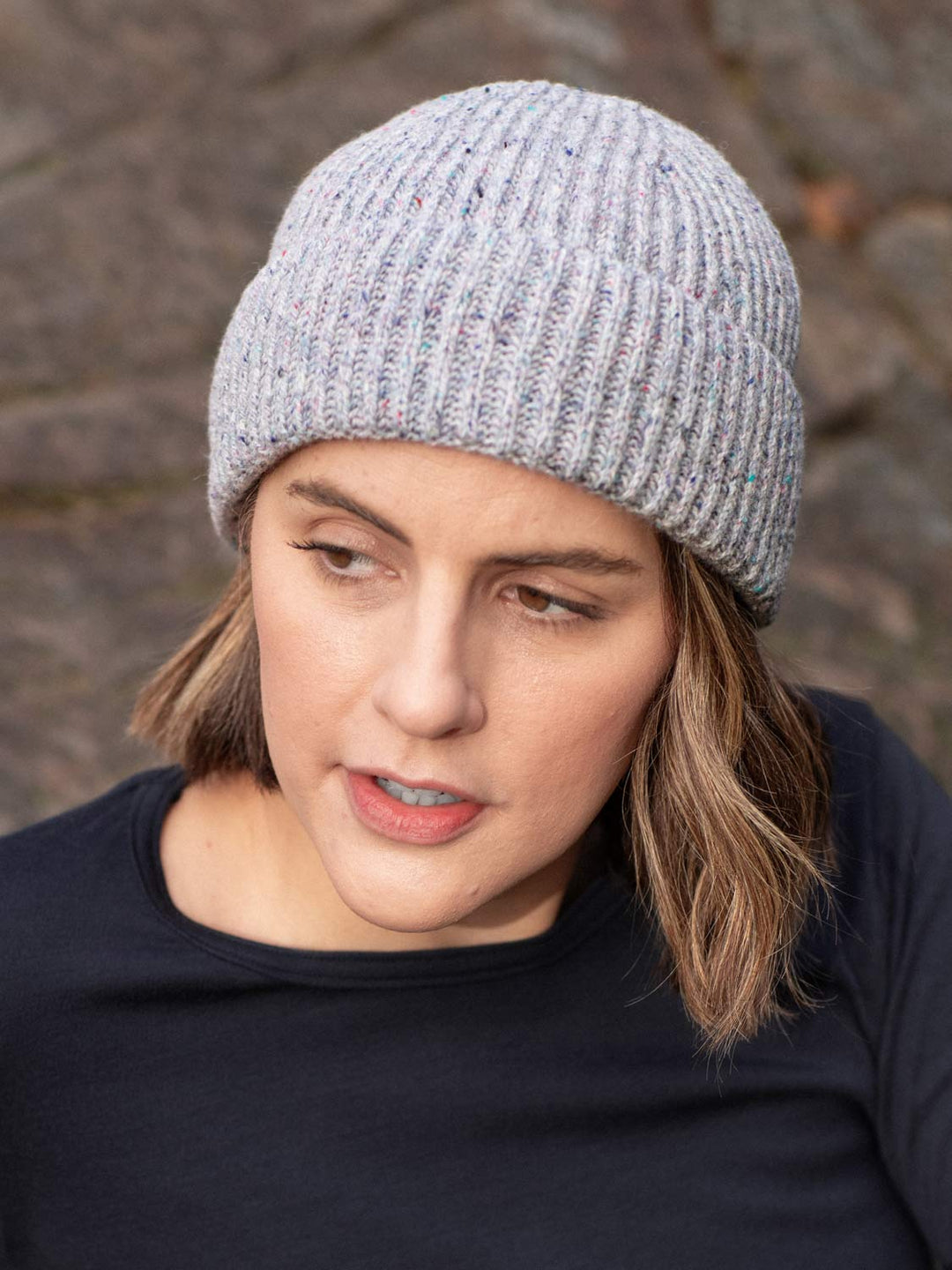 Merino wool unisex fishermans rib knit beanie front #colour_stardust-grey