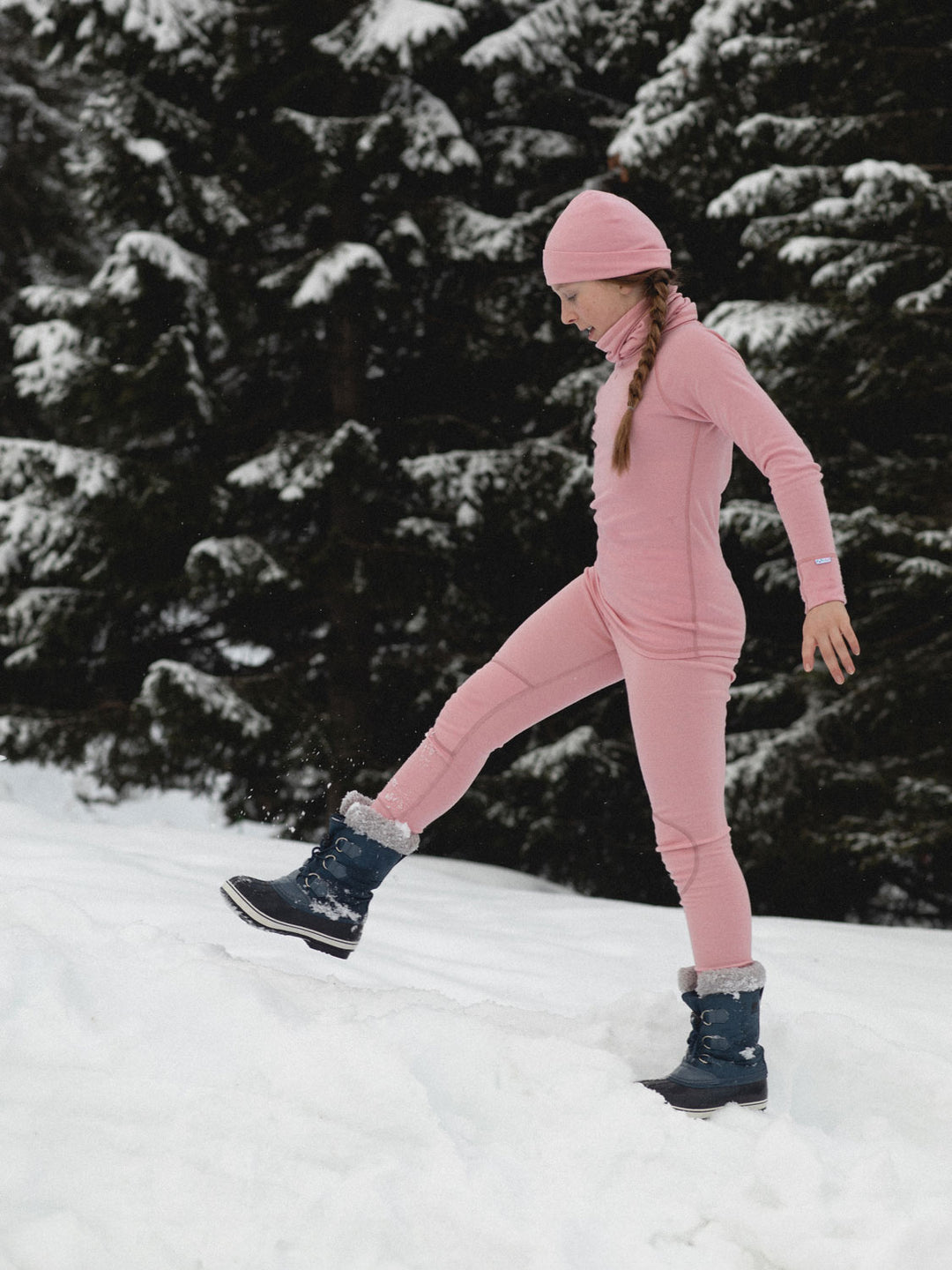 Merino kids thermal baselayer ski pink side #colour_vintage-rose