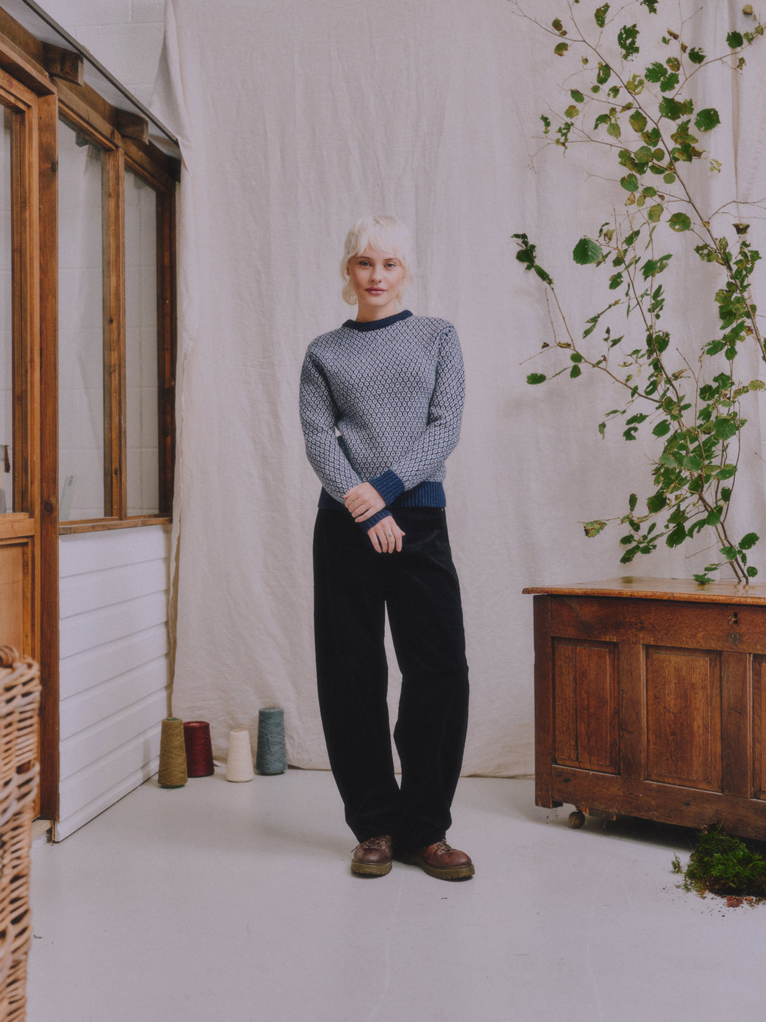 Merino wool womens crew neck jumper sweater in Navy knit front view #colour_nocturne