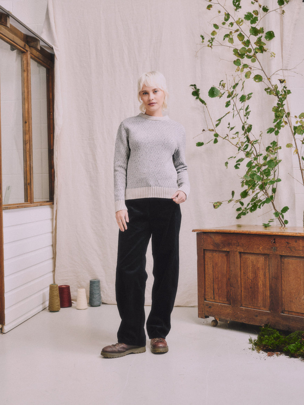 Merino wool womens crew neck jumper sweater knit in neutral grey and white ivory tones front view #colour_glacial-quartz